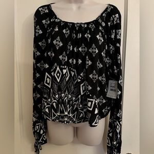 Free People Black and White Geometric Pattern Peasant Top - NWT